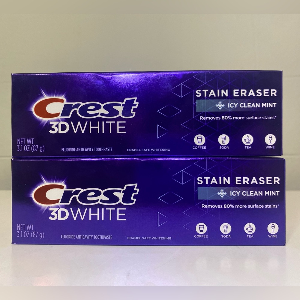(2) Crest 3D White Stain Eraser Icy Clean Mint Fluoride Anticavity Toothpaste